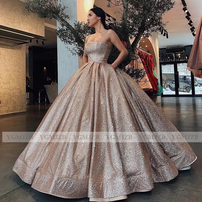 

Long Evening Dresses Sparkle Glitter Sequin Ball Gown Prom Dresses Strapless Women Formal Dress Abendkleider Robe De Soiree