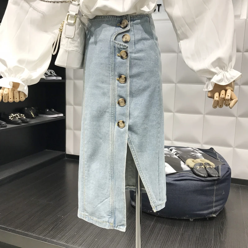 Novedad de primavera 2019! Falda vaquera entretejido abierto Irregular de una sola botonadura de cintura alta para mujer, Falda vaquera larga informal con botones grandes|Faldas| -