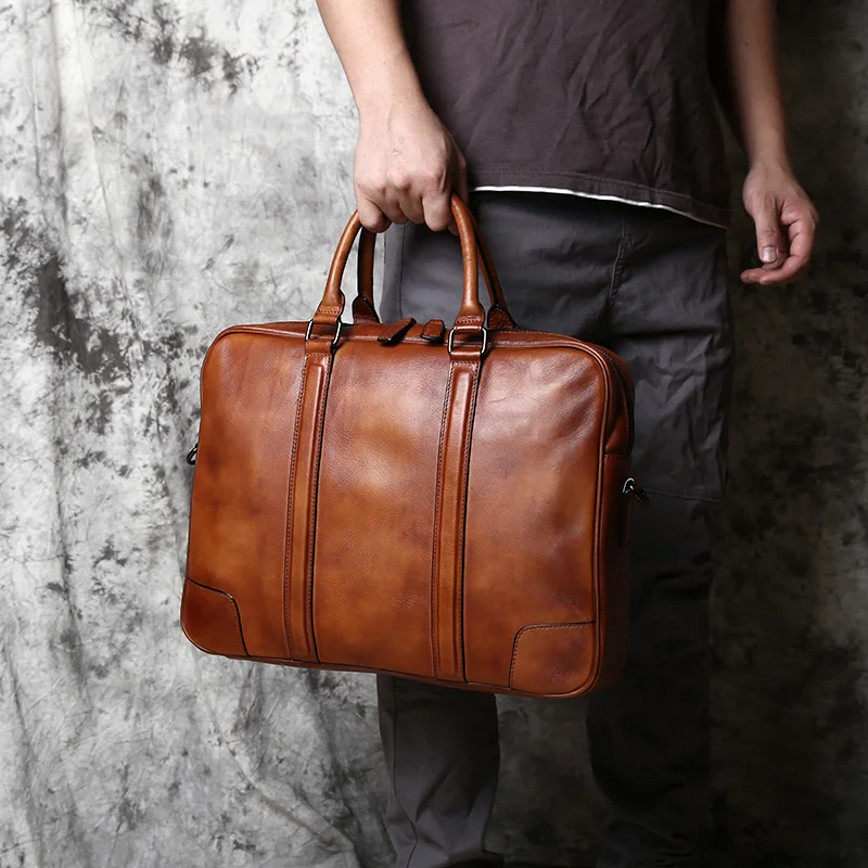 NZPJ Retro Handmade Leather Men's Handbag Top Layer Cowhide Briefcase Vegetable Tanned Leather Horizontal Business Computer Bag