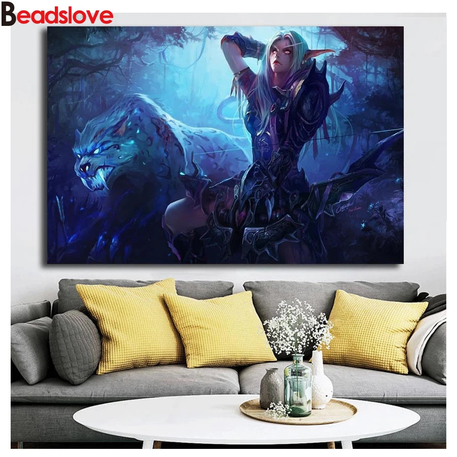 5d diy embroidery Blood Elf Girl and leopards Diamond painting Full square round mosaic picture of rhinestones cross stitch | Дом и сад