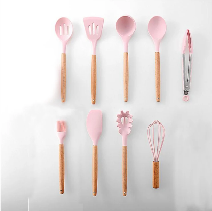 pink 9PCS CTHome силиконовая кухонная утварь деревянная ручка антипригарная лопатка ложка Тернер суп половник венчик кухонные инструменты для приготовления пищи гаджет - Цвет: pink 9PCS