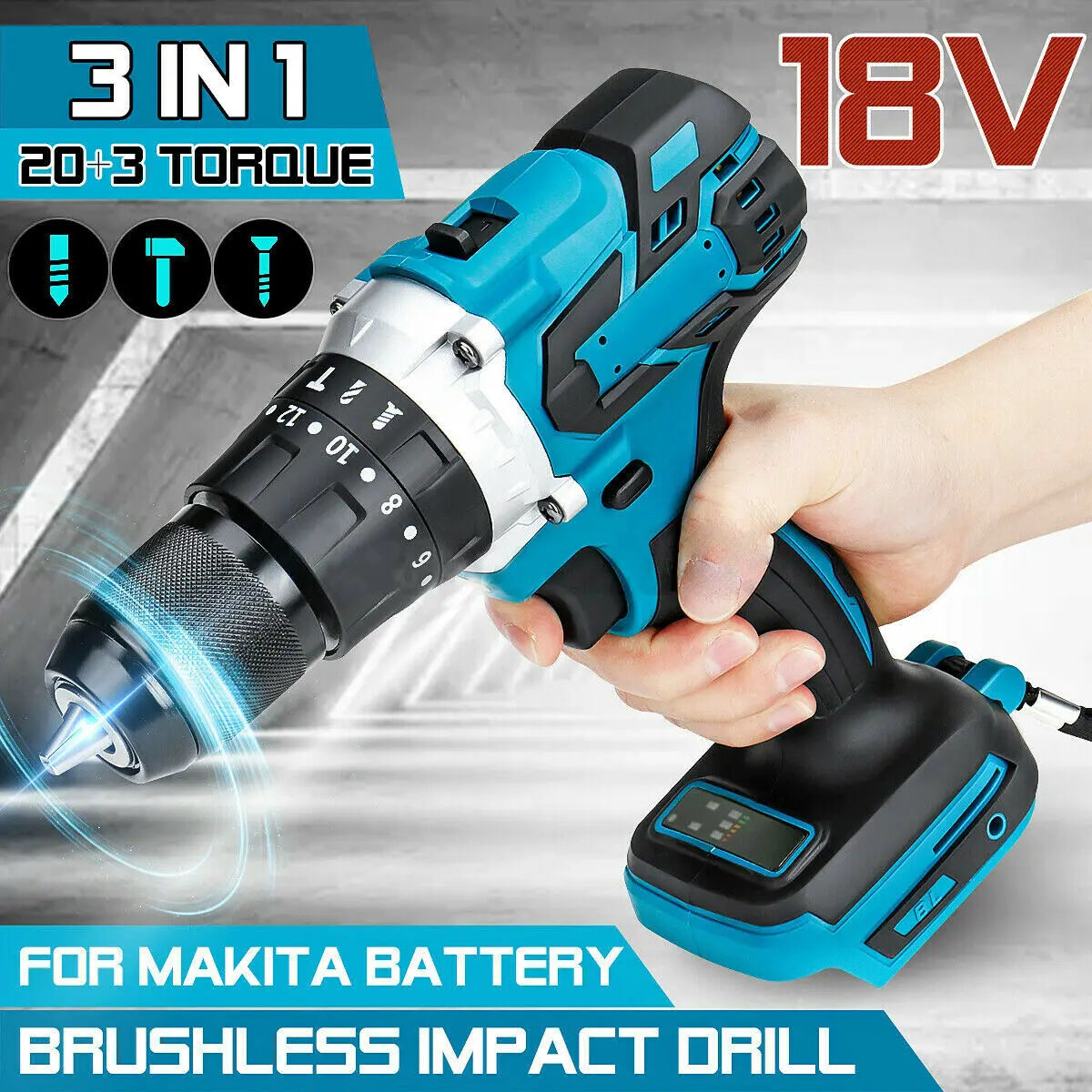 

3 in 1 Brushless Electric Hammer Drill 25-90Nm Max Torque Electric Impact Dril Suitable For Makita Battery Dhp484z 18V