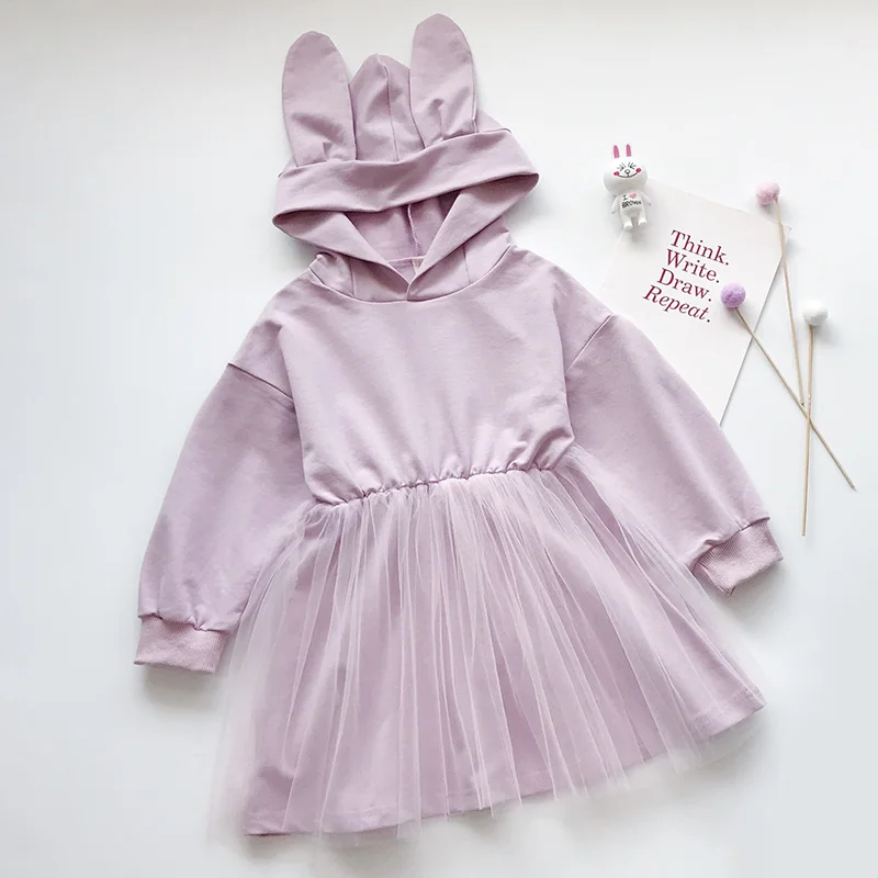 AH110 Purple Keelorn/весеннее платье для девочек; милое Сетчатое лоскутное платье с капюшоном и заячьими ушками; платья принцессы с длинными рукавами для девочек; детская одежда; vestidos - Цвет: AH110 Purple