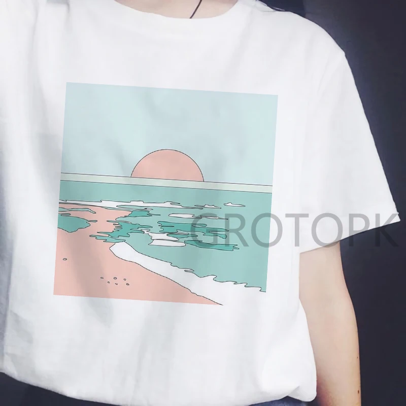 Женские футболки в японском стиле Харадзюку с изображением заката над морем, белая футболка, Корейская футболка, лето, женская футболка Vogue
