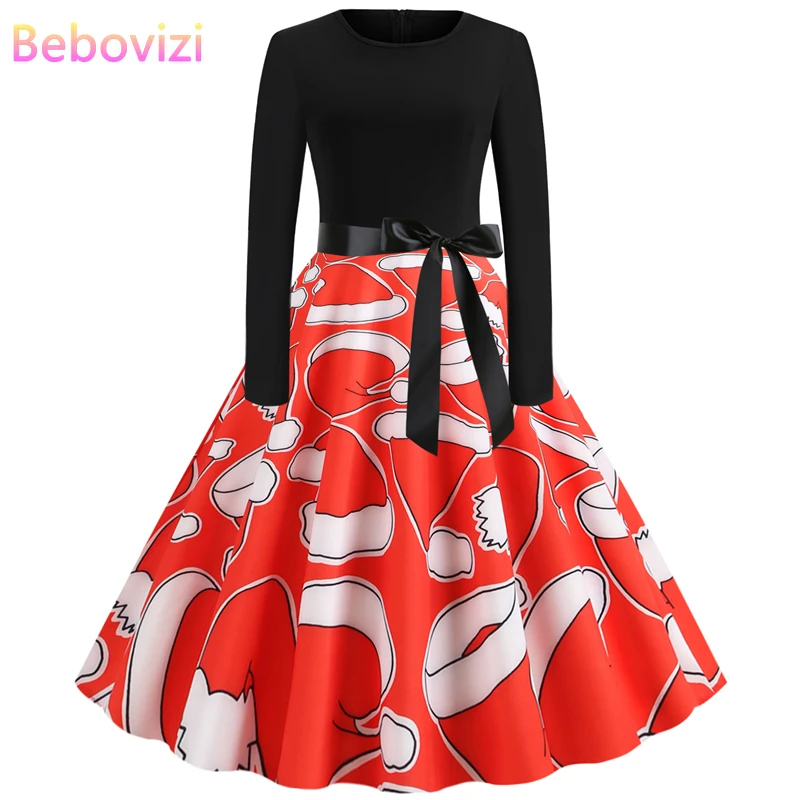 

Bebovizi Winter Dresses Women 2019 Plus Size Party Dress Red Christmas Hat Print Vintage Elegant Long Sleeve Bandage Vestidos
