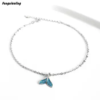 

Fengxiaoling New Fashion 100% Genuine 925 Sterling Silver Simple Blue Fish Tail Anklets For Women Fine Jewelry Cute Accessories