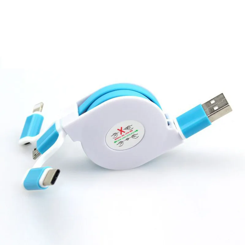 

3 In 1 USB Data Cable Lighting Sync Charger for Type-C Android ios Retractable 1m D30