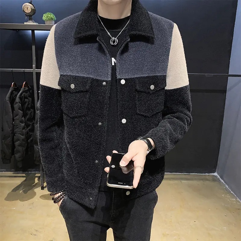 

High Quality Lapel Slim Fit Mink Plush Woolen Overcoat Jacket Male Windbreaker Clothes