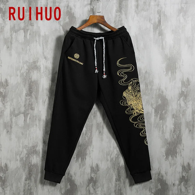 RUIHUO штаны с вышивкой орла мужская Японская уличная одежда Спортивные штаны мужские брюки мужские тренировочные хип-хоп 5XL Осень новинка