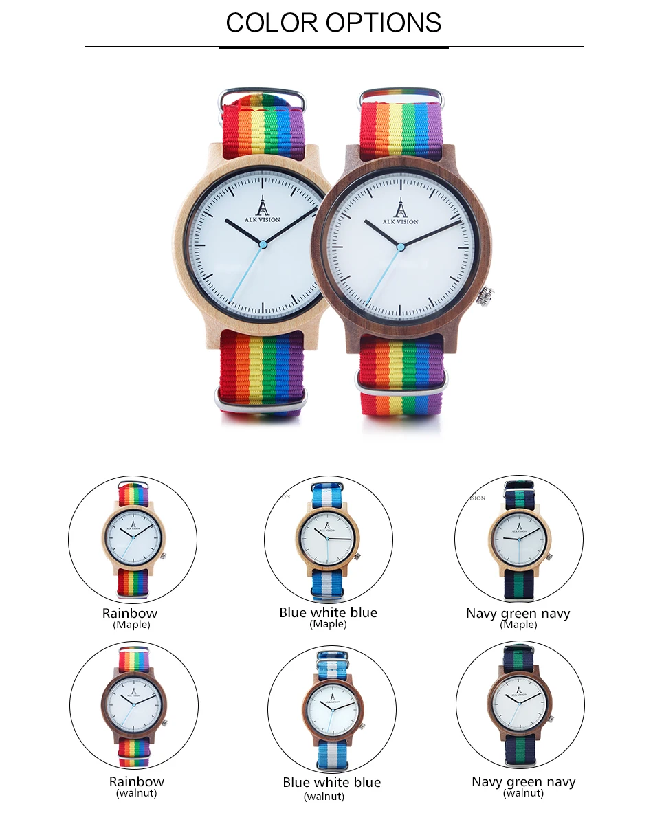 ALK Vision Pride Rainbow Top Wood Watches Dropshipping Brand Women Mens Wooden Watch Canvas LGBT Strap Fashion Casual Wristwatch