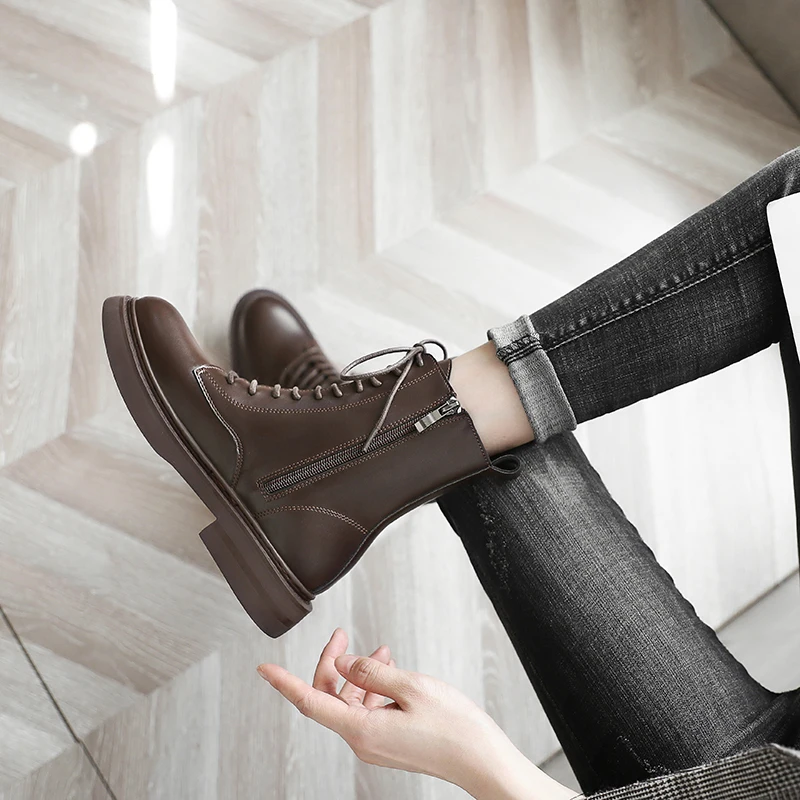 

Женские ботильоны из натуральной кожи, на толстом каблуке, со шнуровкой