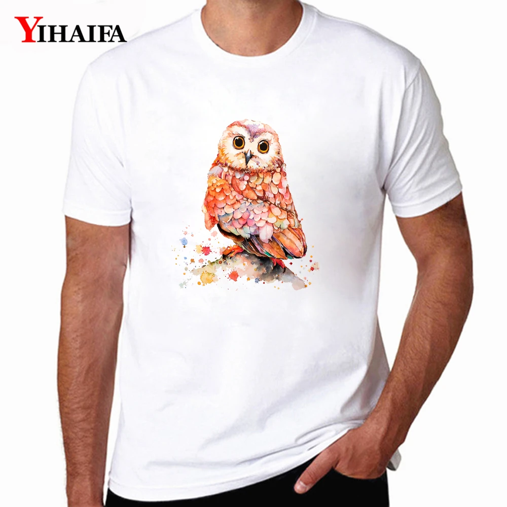 

Casual Men T-Shirt Funny Colorful Ink Owl Graphics Tees Short Sleeve Casual Tops Mens White Undershirt Summer T Shirts