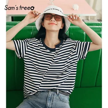 

SAM'S TREE Blue Striped Irregular Patchwork Casual Women T-Shirts 2020 Summer New Short Sleeve Korean Stylish Ladies Daily Tops