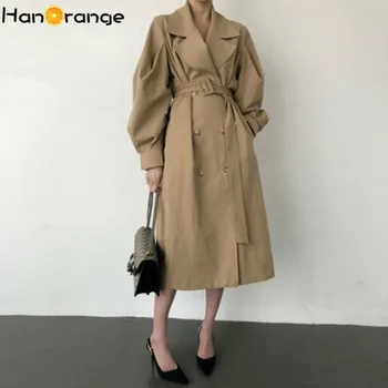 

Chic Retro British Style Double-breasted Trench Adjustable Waist Puff Sleeve Windbreaker Coat for Women