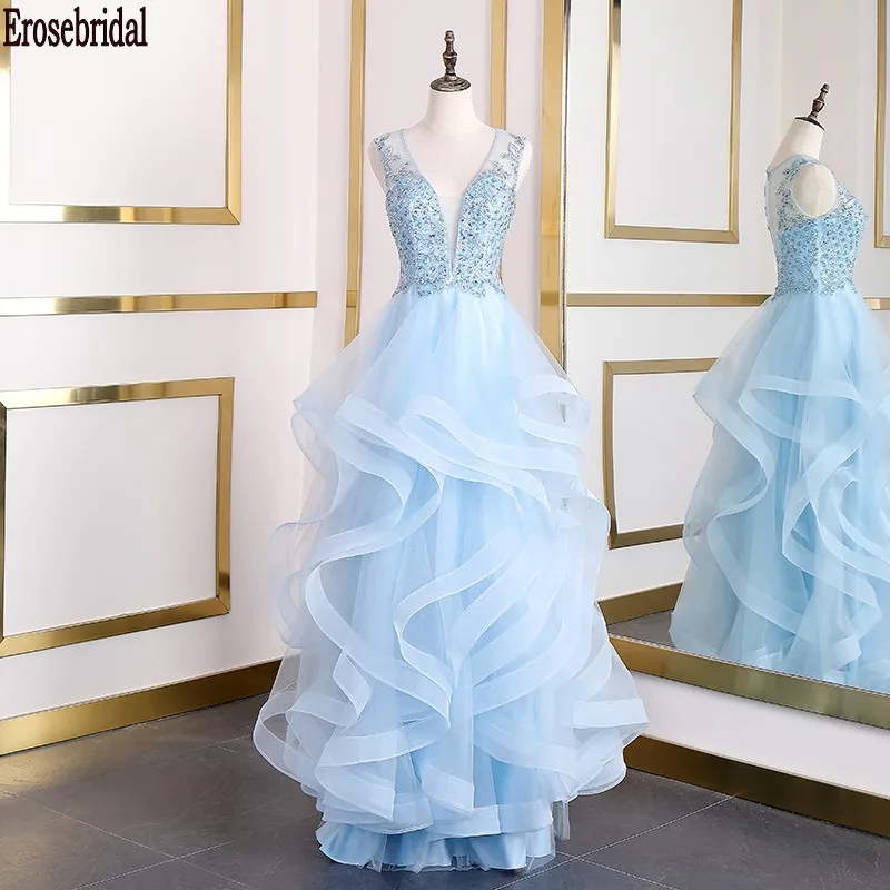 Женское вечернее платье-трапеция Erosebridal небесно-голубое длинное кружевное