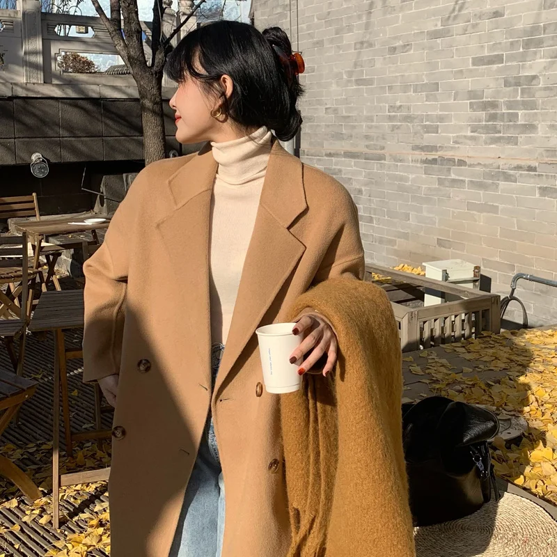 Свободное двухстороннее твидовое пальто средней длины до колен шерстяное