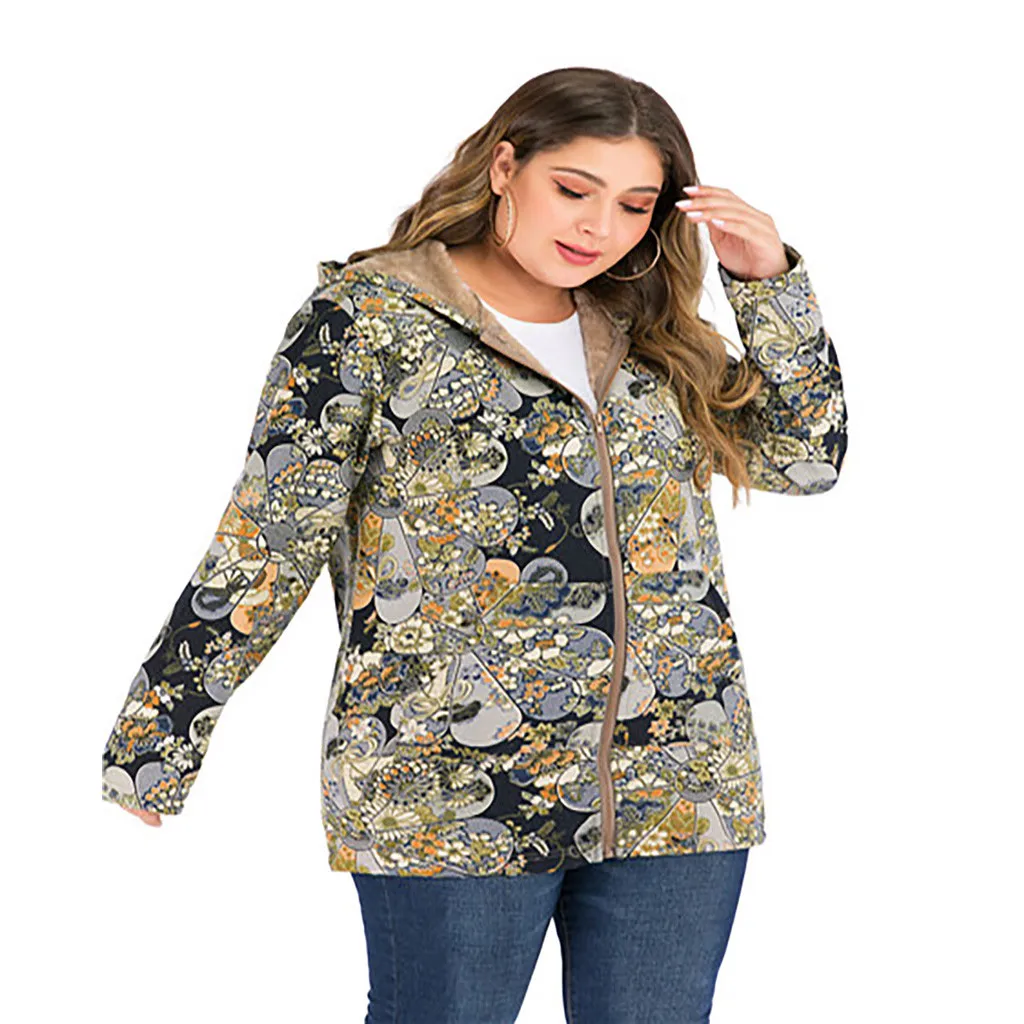 Winter Women Jacket Coat Warm Vintage Warm Printed Pockets Thicker Zipper Hooded Coat Outwear Jackets Coat Famale#1016