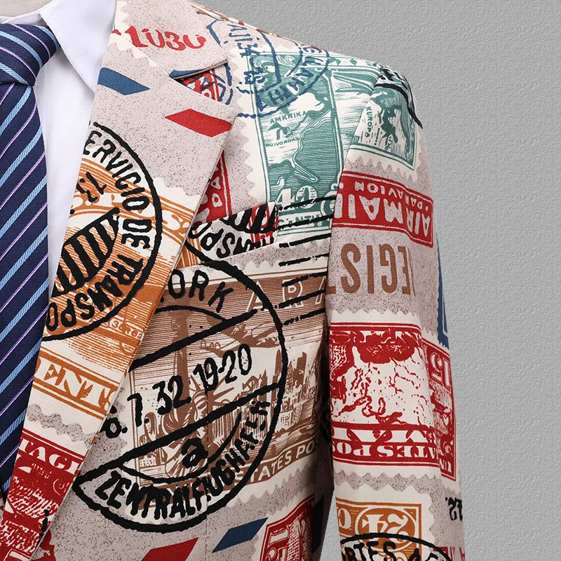 PYJTRL Men Vintage Two-piece Set Suits Love New Paper Stamp Print Night Club Singers Prom Party Tuxedo Latest Coat Pant Designs PYJTRL Men Vintage Two-piece Set Suits Love New Paper Stamp Print Night Club Singers Prom Party Tuxedo Latest Coat Pant Designs