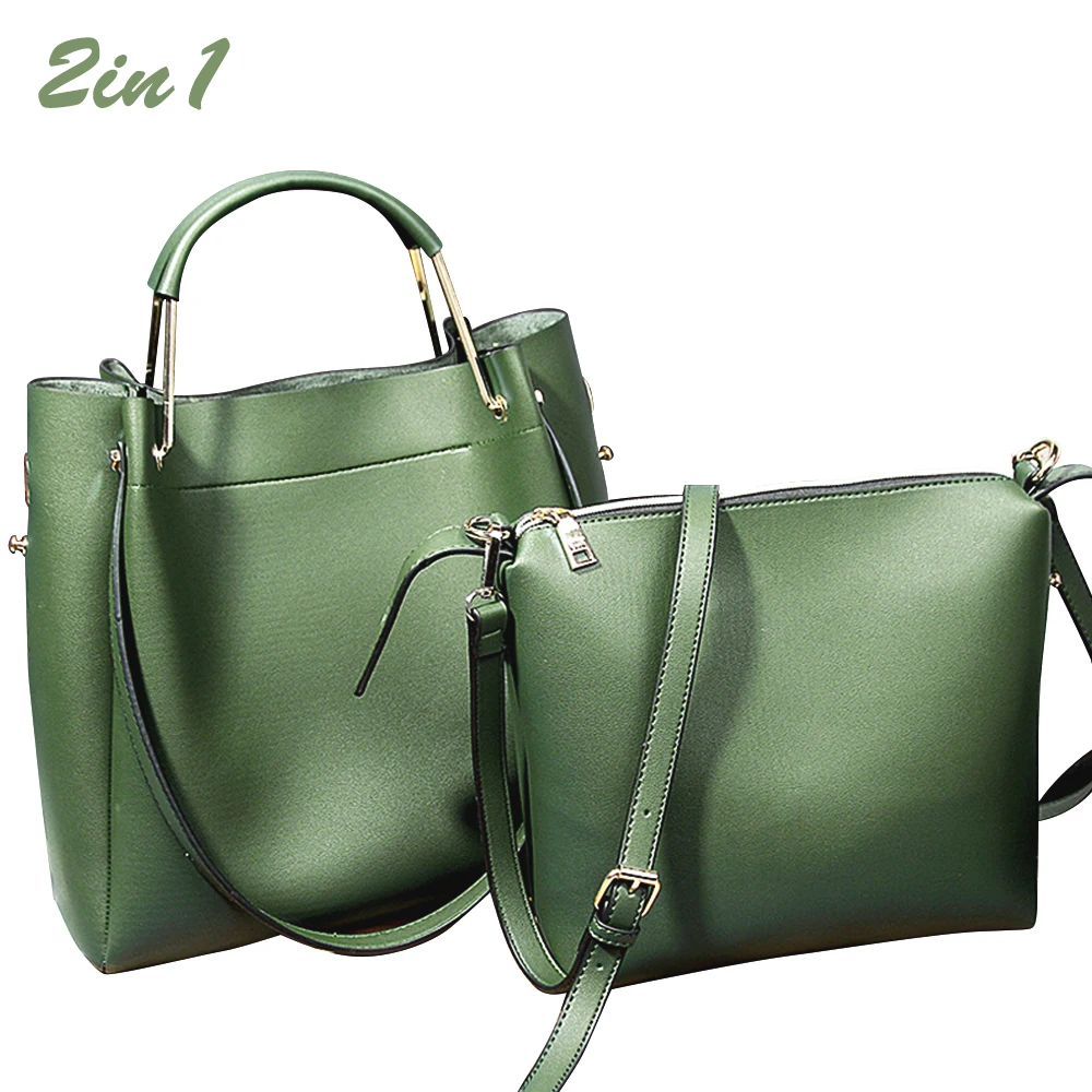 

2-in-1 Large Tote Bag Woman Crossbody Zip Shoulder Bag Simple Design Solid Color Black Wine Red Girl Leather Twin Bags