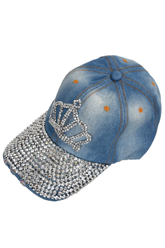 Chic Crown Pattern Washed Frayed Denim Rhinestoned Baseball Cap Hat For Women