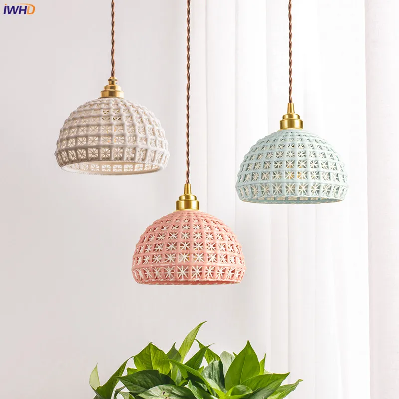 IWHD Nordic Modern Ceramic Pendant Lamp Bedroom Living Room Cafe Japan Style Copper Hanging Light Lu