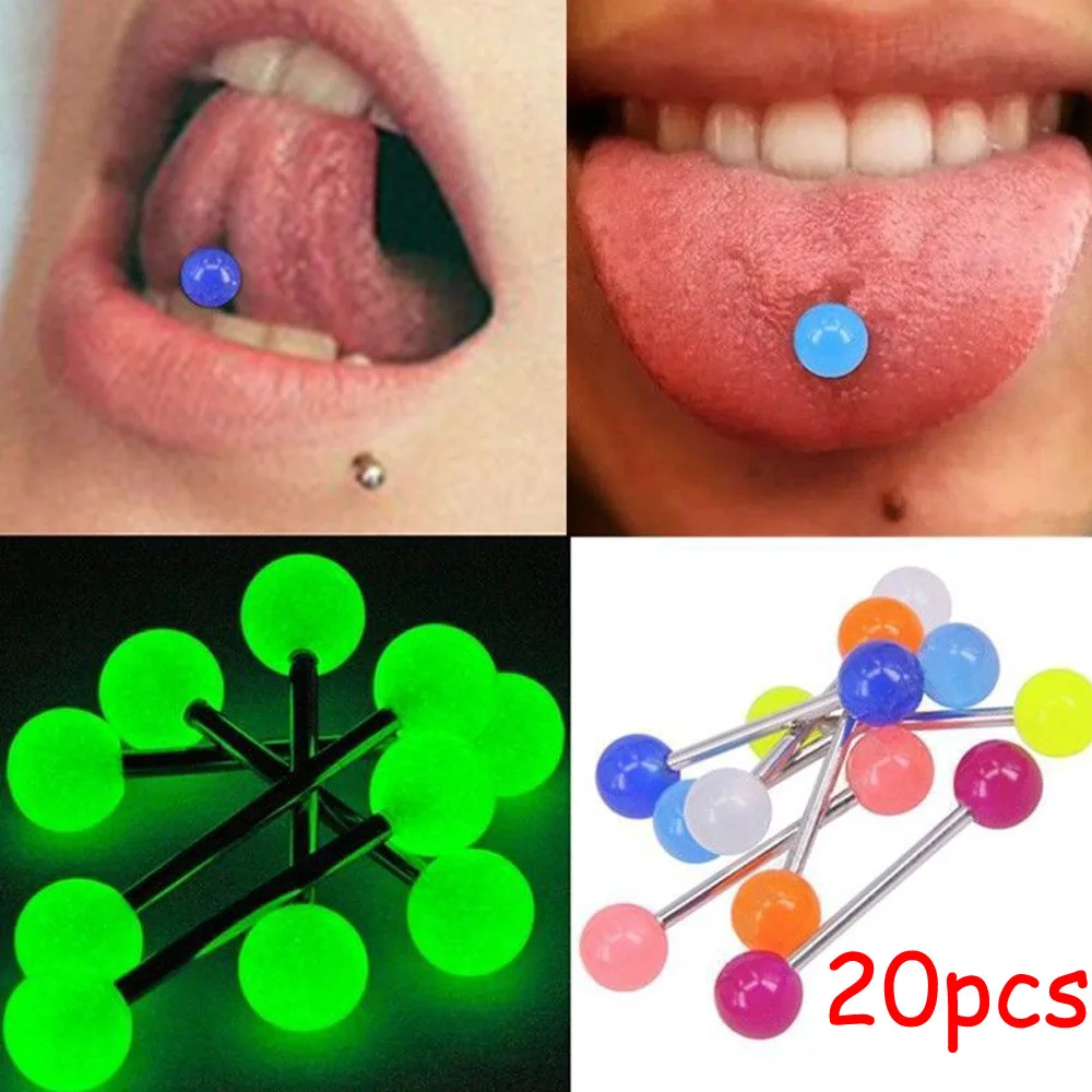 20pcs 10 шт./лот, фосфоресцирующий пирсинг-штанга для языка, пирсинг для языка, кольцо для языка, акриловое кольцо для сосков, спиральное пирсинг, пирсинг для ушей, сексуальное ювелирное изделие - Окраска металла: 20pcs