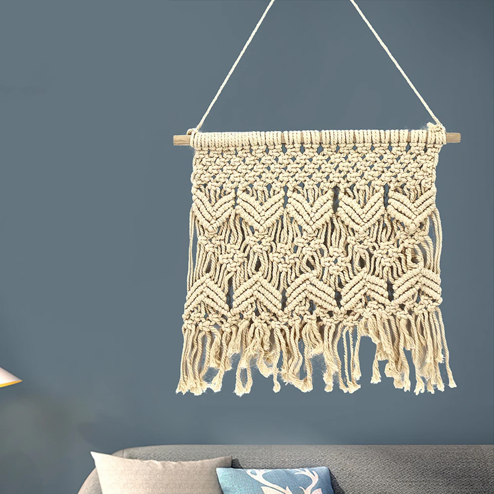 1 X Beige Wood+Cotton Compilation Tapestry Living Room Pendant Cotton Hand-made Good-looking Home Decoration