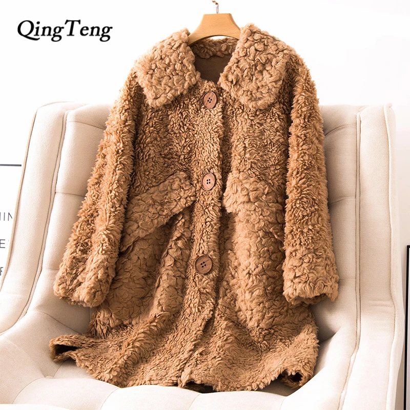 

30wool Winter Teddy Coat Russian Casual Long Shaggy Fake Fur Coat Sheep Elegant Warm Thick Fluffy Teddy Bear Jacket Women Furry