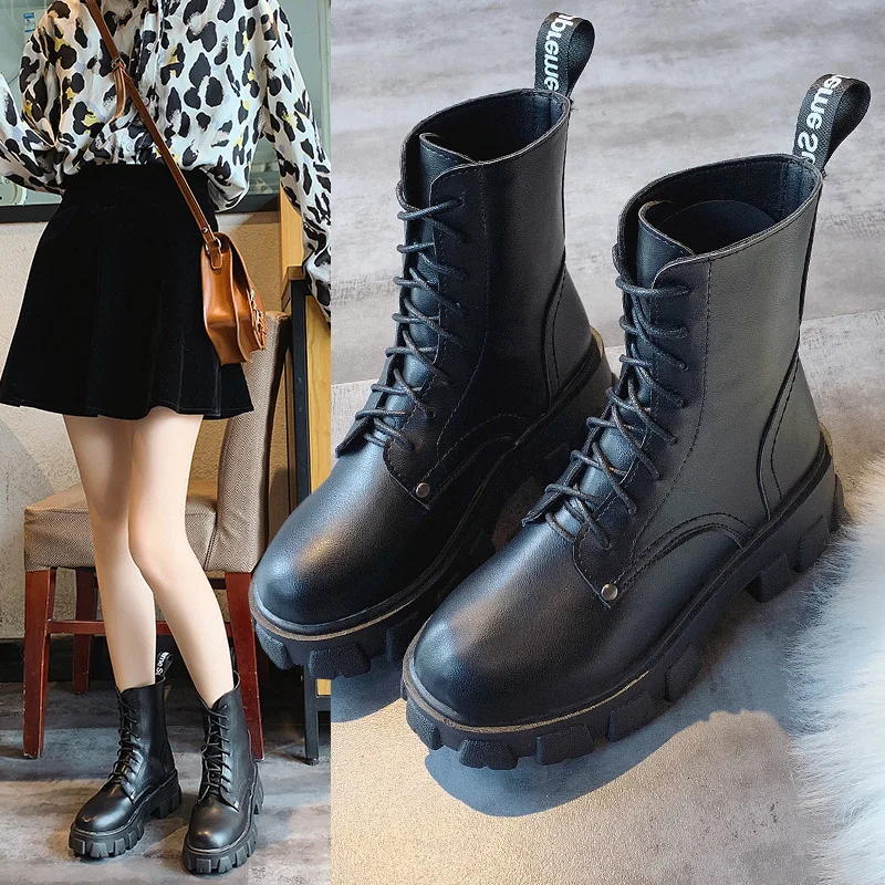 

Boots Lace-up 2019 Autumn Korean-style Chunky-Heel Semi-high Heeled Martin Boots round-Toe Children Martin Boots Women's British