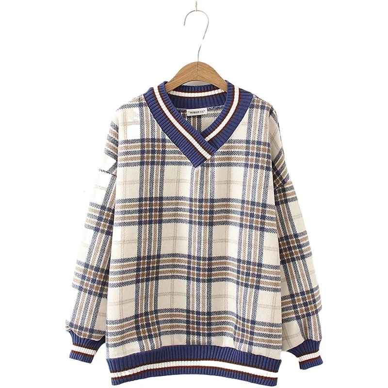 

2020 New Autumn Sweet Style Sweatshirt Women Contrast Color V-Neck Casual Chic Plaid Sweatshirts Pullovers 2011518