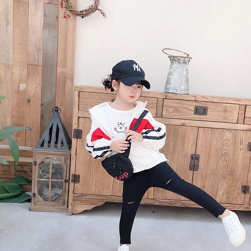 New autumn Korean style fashion white and red hit color normal section hooded jacket outwear both for boys and girls