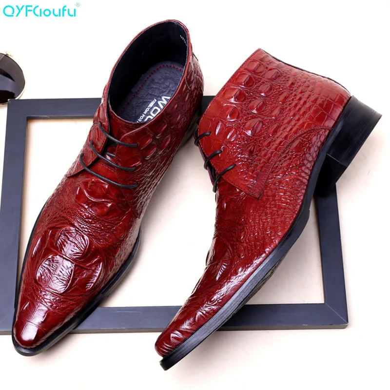 QYFCIOUFU/ Качественные Мужские модельные ботинки на шнуровке модные высокие кожаные сапоги из кожи аллигатора ботильоны Martin из натуральной коровьей кожи