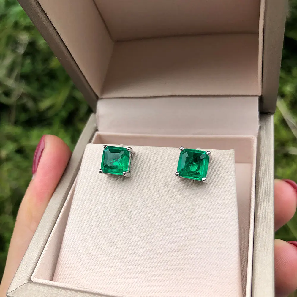 PANSYSEN Vintage Square Emerald Gemstone Stud Earrings for Women Real 925 sterling silver Anniversary Party Women Earrings