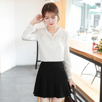 

COIGARSAM Cute Full Sleeve blouse women New Spring Chiffon Bow Add Wool blusas womens tops and blouses White Red 9210