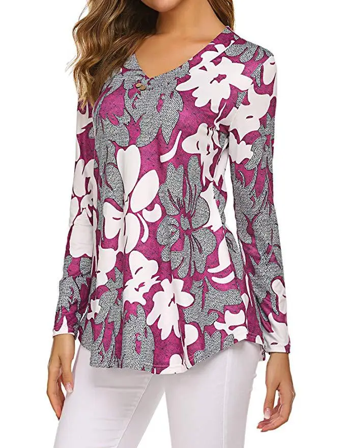 Женская блузка большого размера с цветочным принтом, Длинные рубашки, элегантная Осенняя туника с длинным рукавом на пуговицах, топы размера плюс, женская одежда - Цвет: Purple