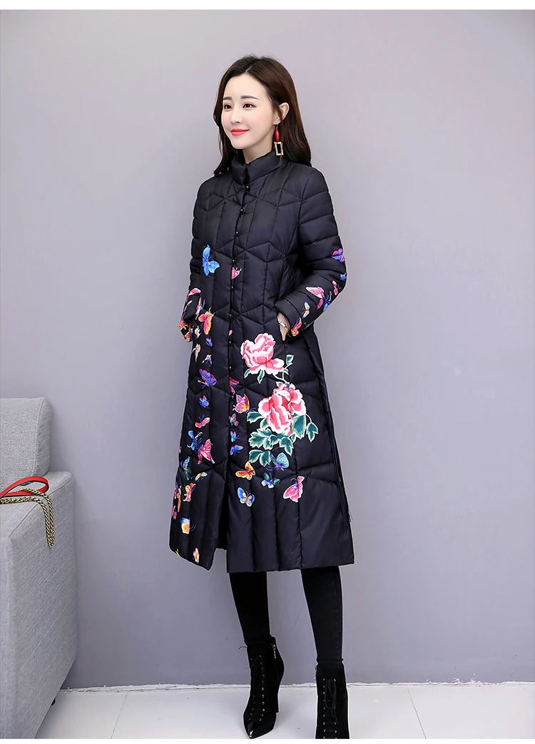 4XL, китайский национальный стиль, Повседневная Длинная Куртка размера плюс, Женская парка, хлопковое зимнее пальто, женское винтажное пальто с принтом, PP044