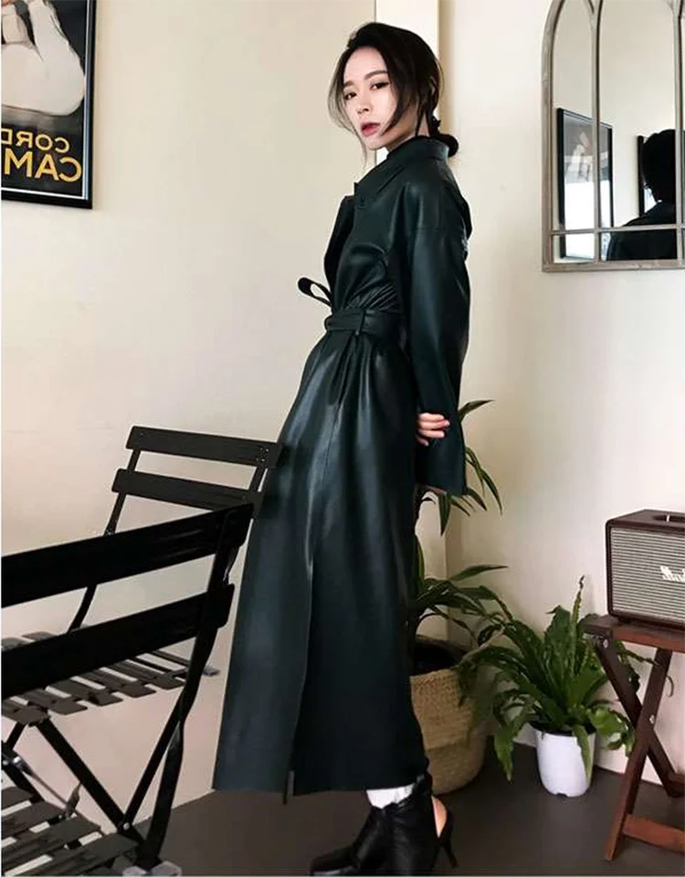 Винтажное весеннее пальто женское байкерская куртка из искусственной кожи черный длинный плащ свободный пояс Ветровка черная верхняя одежда женская PY57