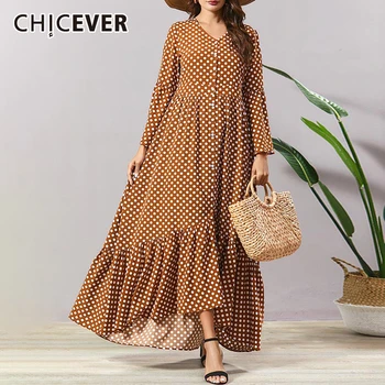 

CHICEVER Bohemian Casual Dress Female Dot V Neck Flare Long Sleeve Plus Size Loose Maxi Dresses Women 2020 Fashion New Clothes