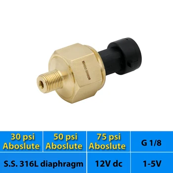 

general purpose pressure transducer, 30psi, 75psi, 50 psi absolute, 1 5 V signal, diaphragm AISI 316L, G1 8 thread, 12V, 24Vdc