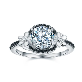 

2020 New Flower 925 Sterling Silver Jewelry Black Spinel Wedding Rings for Women Engagement Ring Round Femme Bague C006
