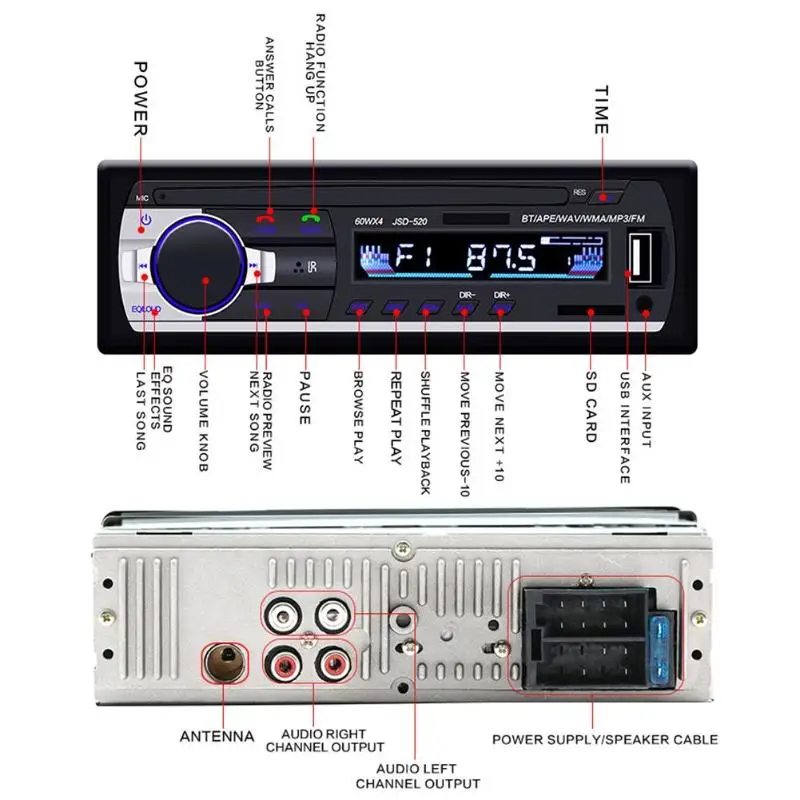 VODOOL JSD-520C-B автомобильный радиоприемник с Bluetooth для стерео-Радио автомобильной FM AUX вход приемник SD USB 12 В в-тире 1 din автомобильный MP3 мультимедийный плеер