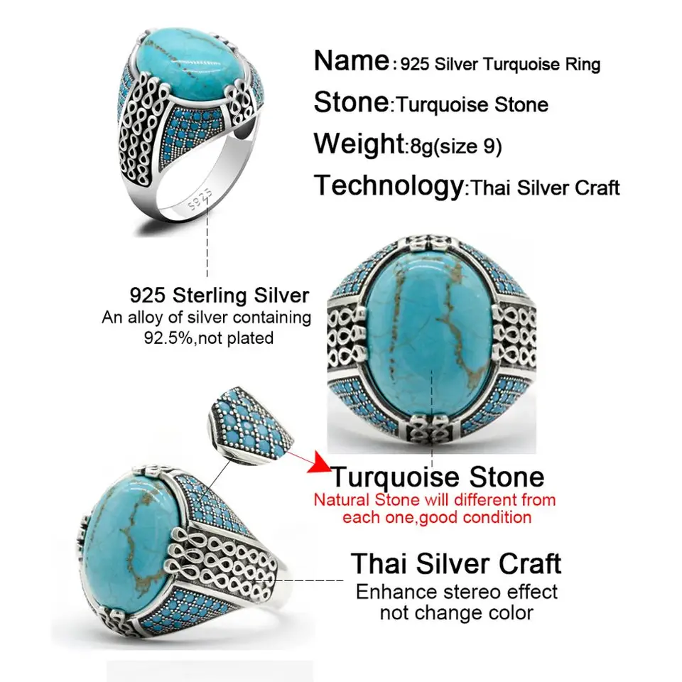 Solid 925 Sterling Silver Men's Ring With Turquoise Stone - Size 11, Made In Thailand - View #7