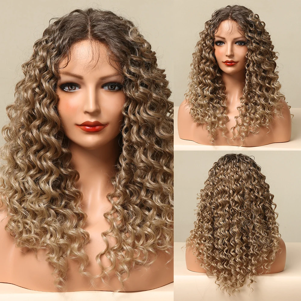 

ALAN EATON Medium Curly Lace Front Synthetic Hair Wigs with Baby Hair Middle Part Ombre Dark Brown Deep Wave Lace Wigs for Women
