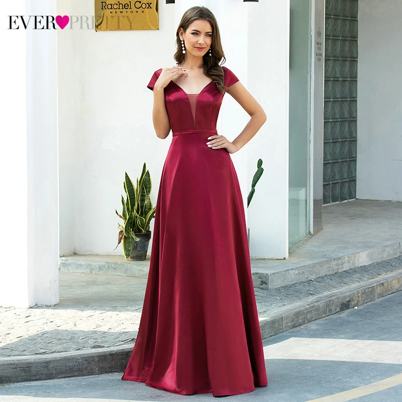 Burgundy Satin Prom Dresses Ever Pretty Double V-Neck Cap Sleeve A-Line Draped Elegant Formal Dresses For Party Vestidos 2020
