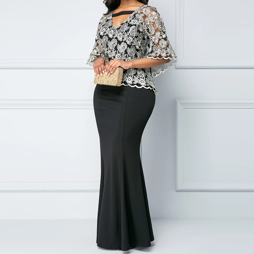 Robe longue manches courtes brodée HAKANA BROD NOIR