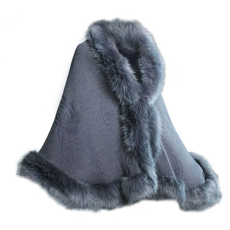 Модное элегантное пальто из лисьего меха, Женская Зимняя Вязаная кашемировая накидка, шаль, сексуальное пончо из искусственного меха, накидка из пашмины, 12 цветов - Цвет: Серый