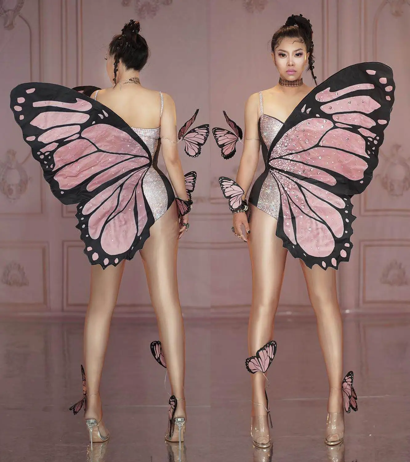 

Festival fairy butterfly wings rave accessories rhinestone bodysuit dance clothes women stage birthday party nightclub wear