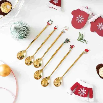 

6pcs/set Christmas Spoon Stainless Steel Coffee Spoon Stainless Steel Xmas Party Table Ornaments Christmas Decorations Gift