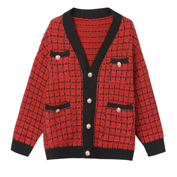 

Lattice Checked Overcoat Outerwear Loose Female Casual Knitted Sweater Coat Thermal Clothes Free Size Fashion Pull Femme Tops