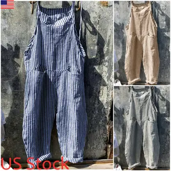 

USA Fashion Womens Casual Striped Linen Cotton Jumpsuit Dungarees Pants Trousers Wide Leg Loose Overalls